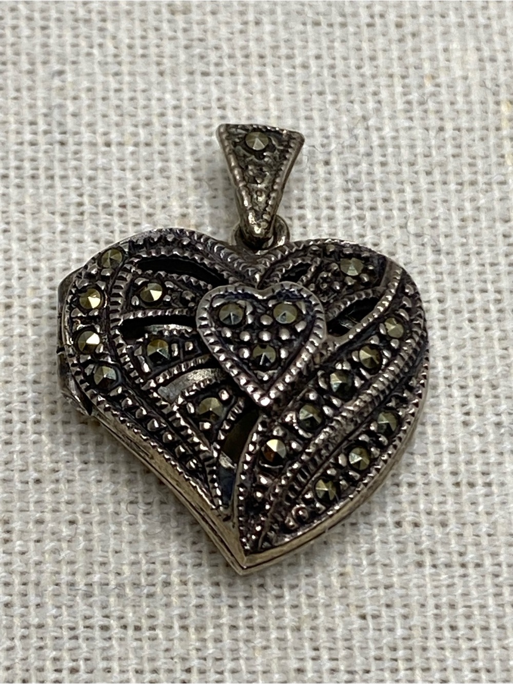 Vintage 925 Sterling Silver Marcasite Puffed Heart Locket Pendant Signed CW